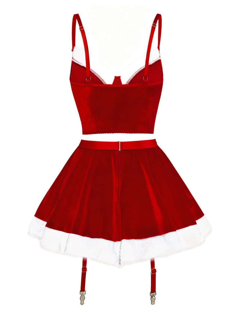 2PCS 1970 Christmas Velvet Top & Skirt Set
