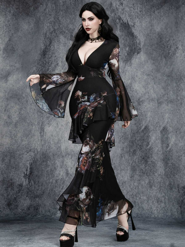 Black 1930s Floral Bell Sleeve Deep V-Neck Fishtail Dress