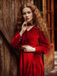 Red 1950s Keyhole V-Neck Pearl Velvet Dress