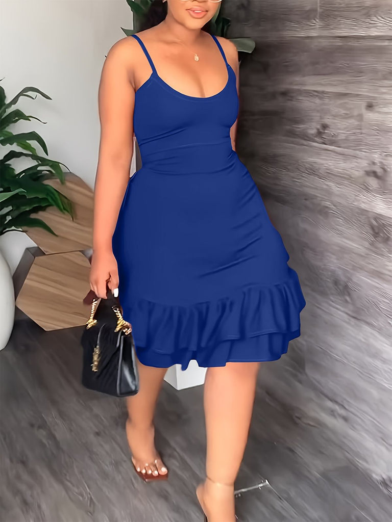 [Plus Size] Blue 1960s Spaghetti Strap Ruffles Hem Dress