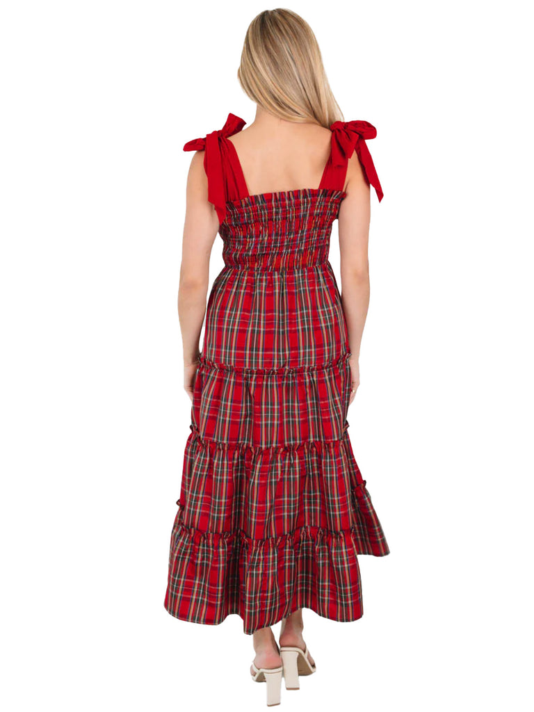 Red 1940s Christmas Plaid Lace-Up Dress