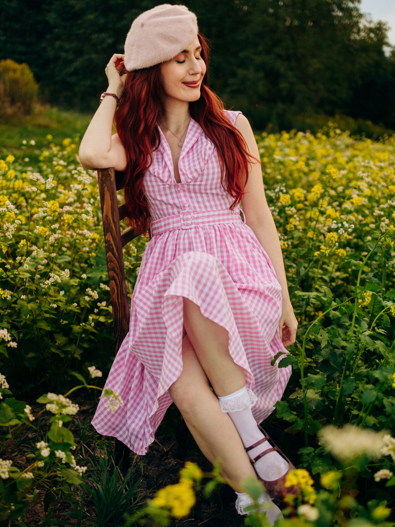 Pink 1940s Gingham Lapel V-Neck Belted Swing Dress