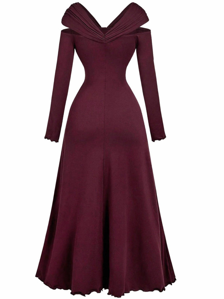 Burgundy 1940s Off-Shoulder Long Sleeve Pleated Dress