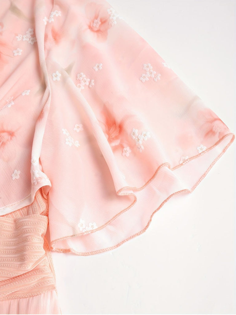 [Plus Size] Pink 1970s Floral Ruffled Irregular Hem Dress