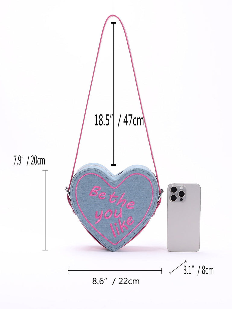 Vintage Denim Letter Embroidered Sling Heart Bag