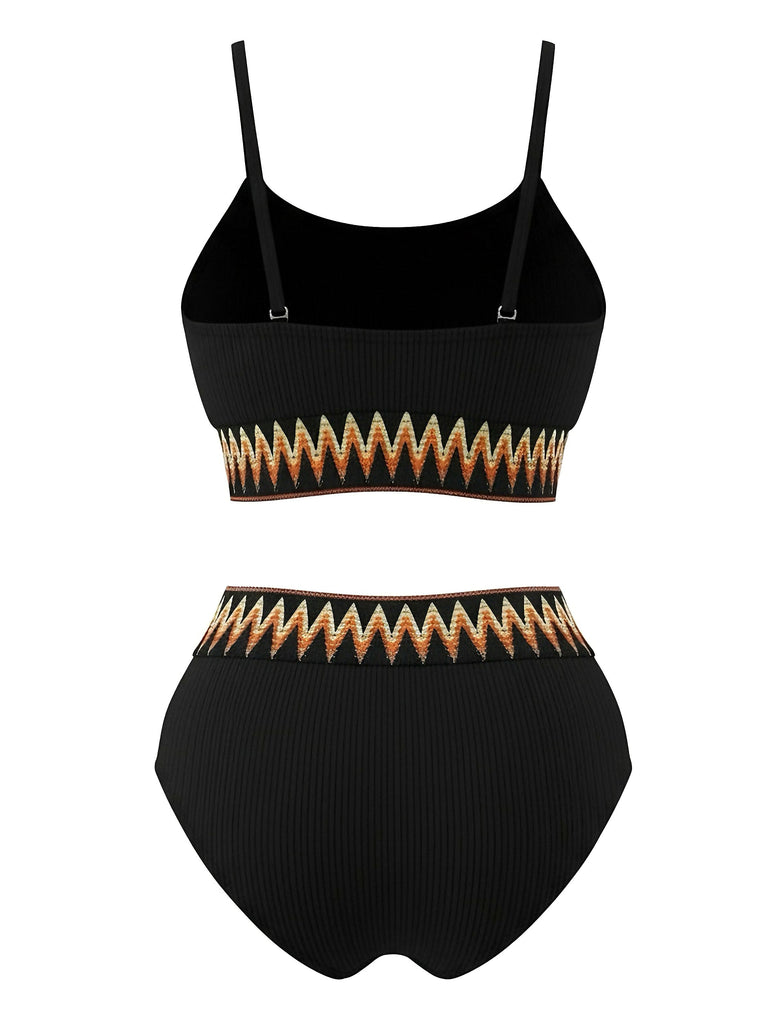 1950s Zigzag Pattern High-waisted Ribbed Bikini