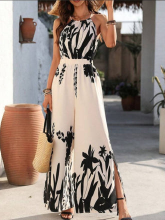 White 1930s Silhouette Plants Spaghetti Straps Jumpsuit
