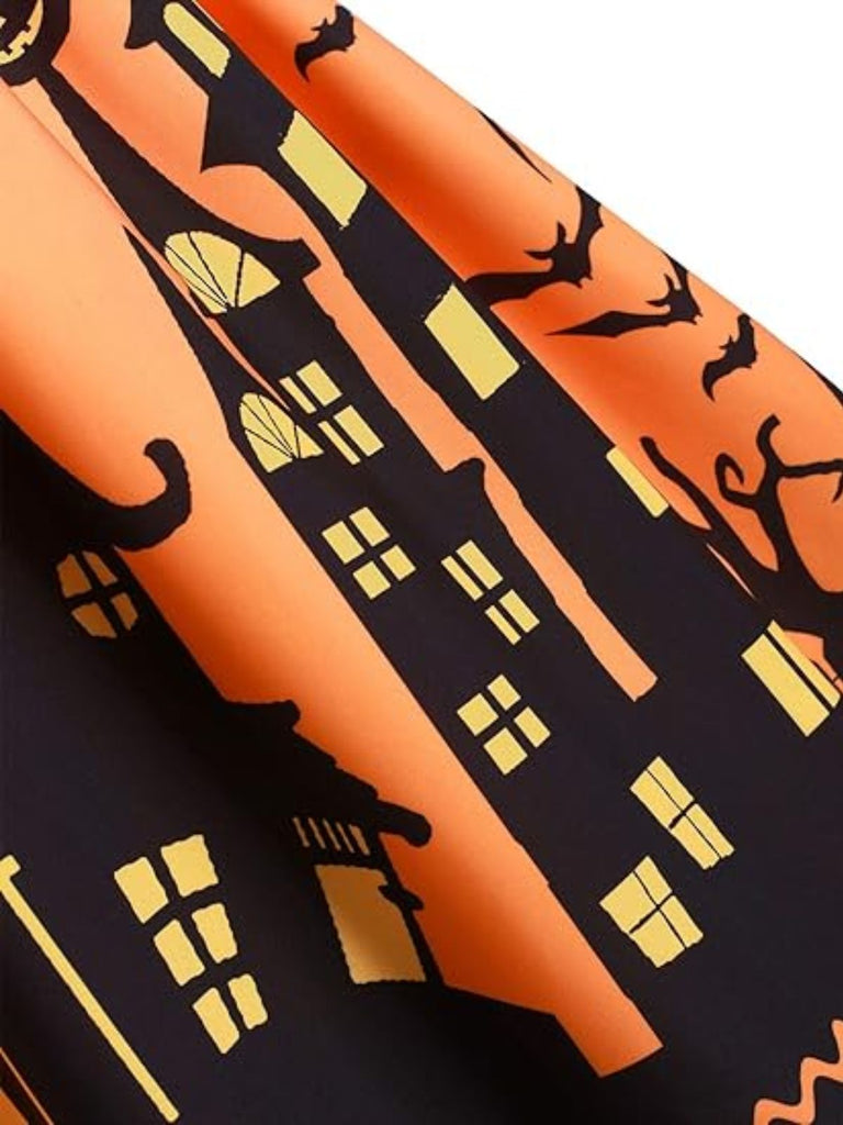 [Pre-Sale] 1950s Halloween Striped Pumpkin Haunted House Print Dress