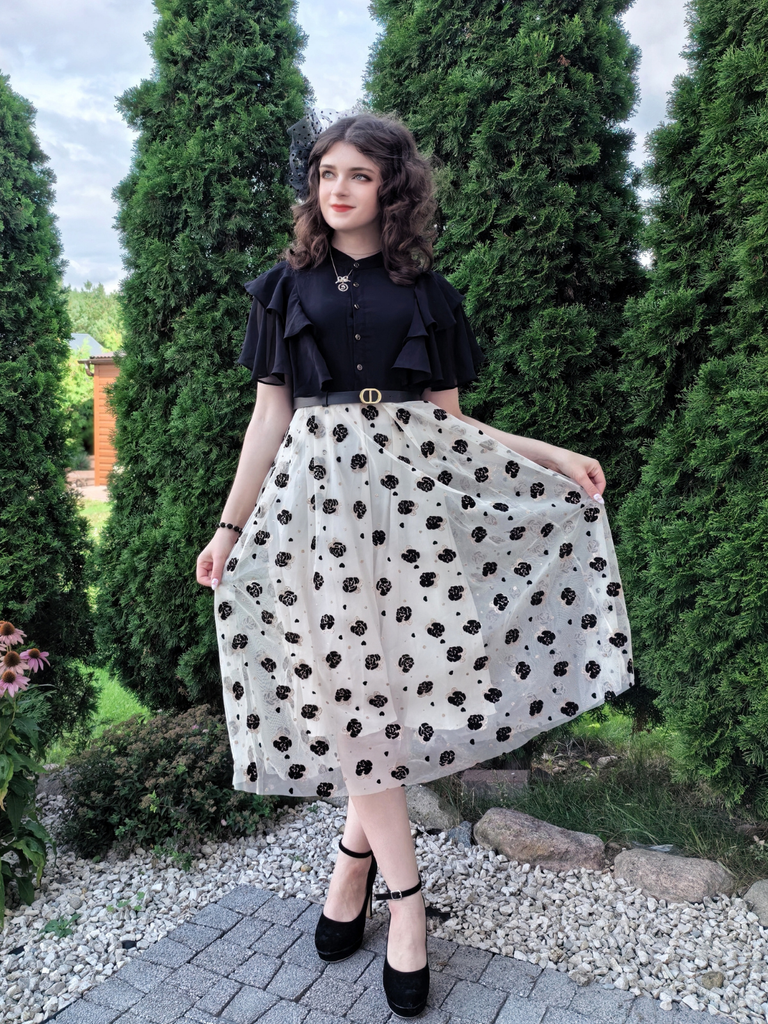 Black 1950s 3D Floral Ruffle A-line Dress