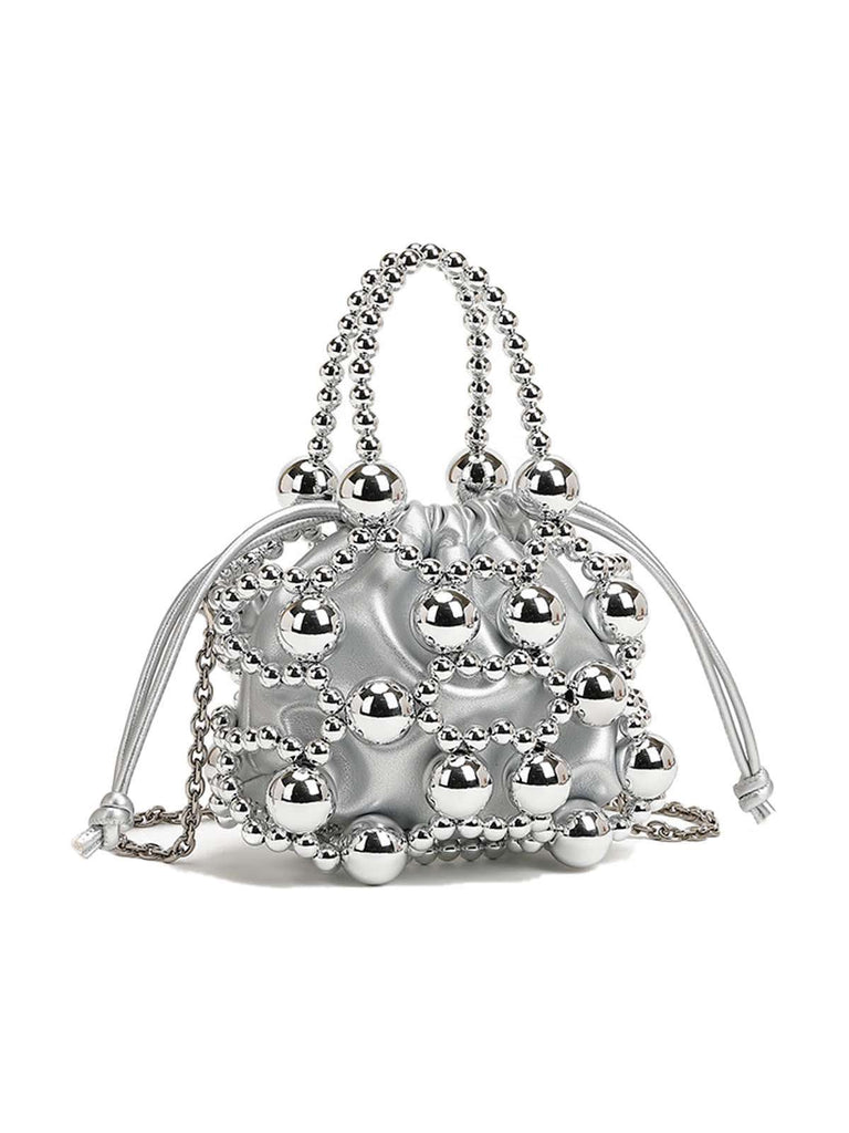 Metallic Beaded Drawstring Mini Bucket Bag