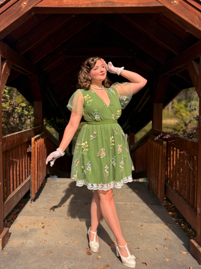 Green 1950s Floral Puff Sleeve Mesh Embroidered Dress