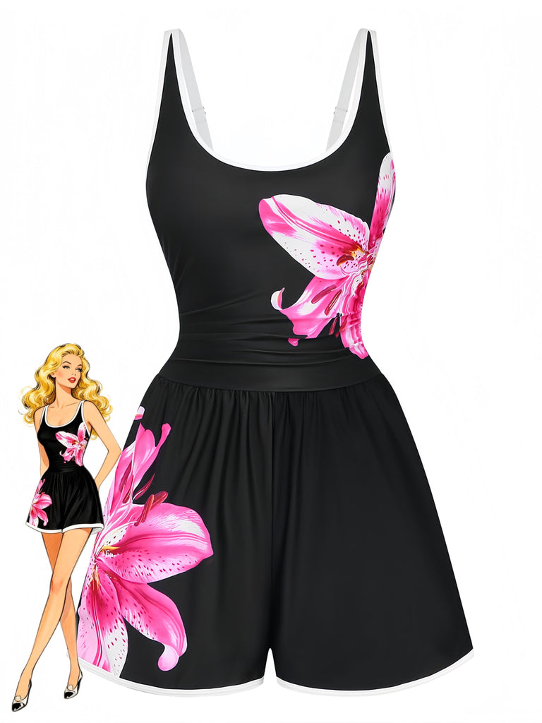 Black 1940s Floral Tankini One-Piece Swimsuit