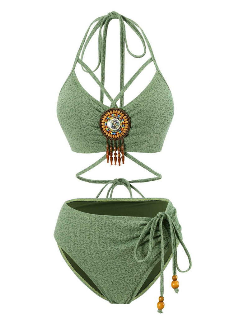 Green 1970s Halter Boho Beaded Bikini Set