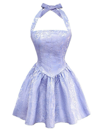 Blue 1970s Halter Jacquard Pleated Mini Dress