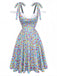 Blue 1960s Daisy Floral V-Neck Slit Short Dress