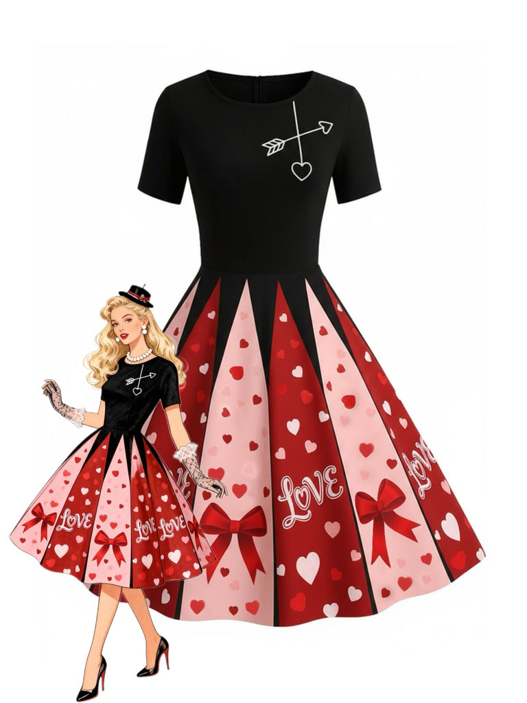 [Pre-Sale] 1950s Valentine Heart Bow Print Swing Dress