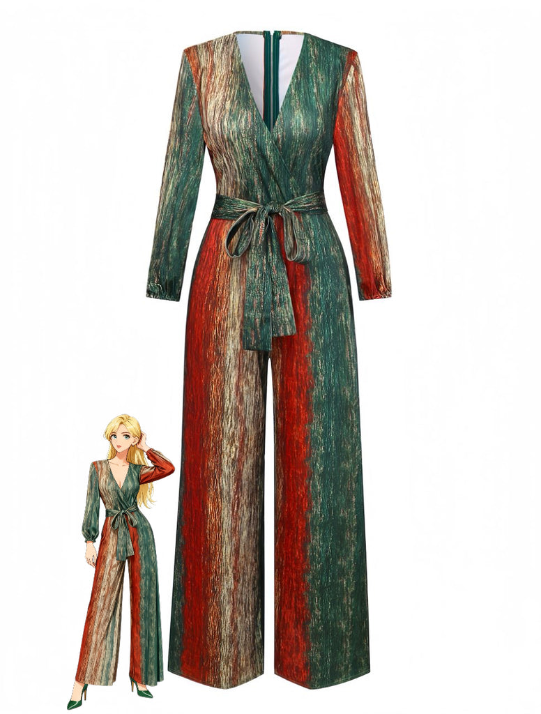 Multicolor 1970s V-Neck Belted Jumpsuit