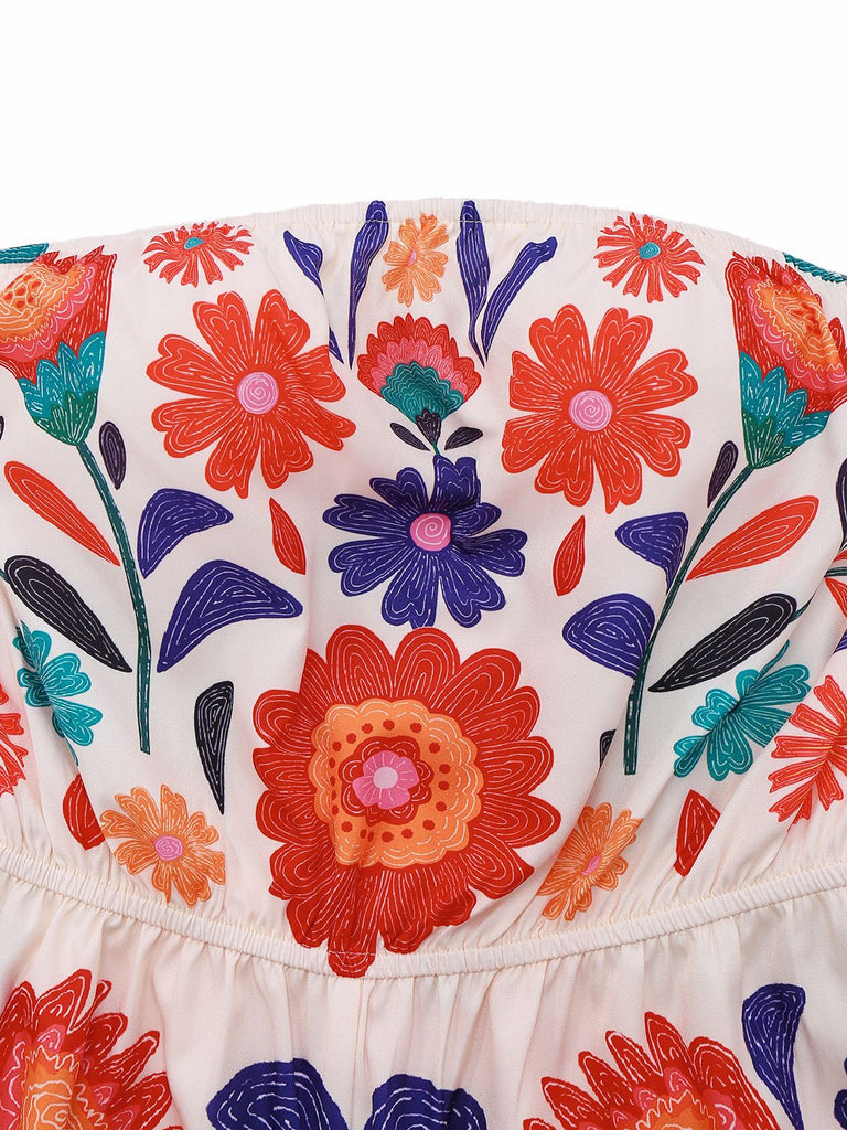 Multicolor 1960s Floral Bandeau Backless Romper