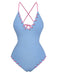 Light Blue 1950s Stripe Lace-Up Ruched One-Piece Swimsuit
