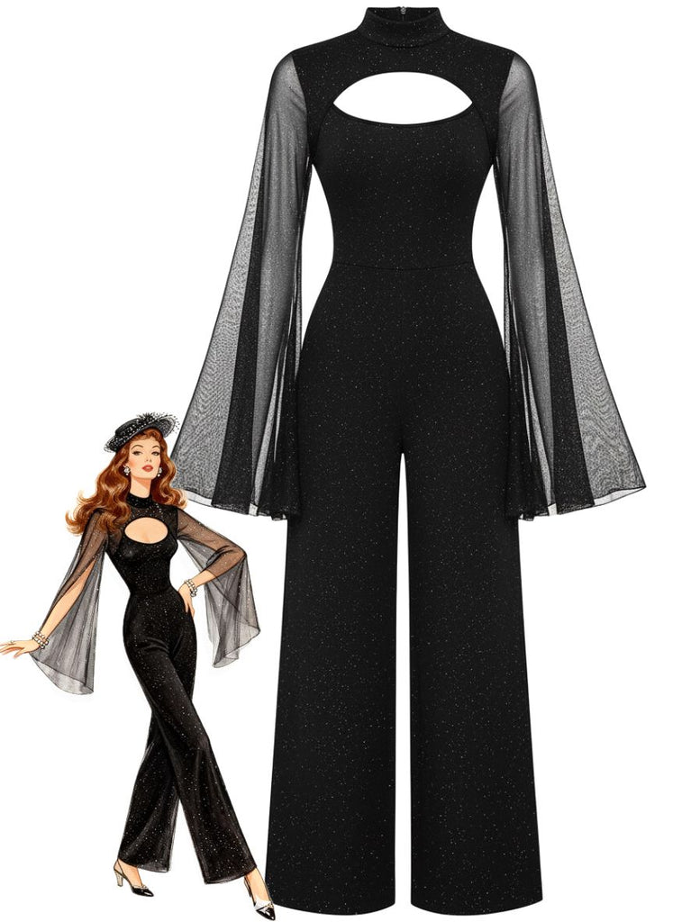 Black 1930s Sparkly Cutout Jumpsuit with Cape