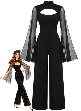 Black 1930s Sparkly Cutout Jumpsuit with Cape