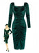 Green 1960s Velvet Ruched Long Sleeve Bodycon Dress