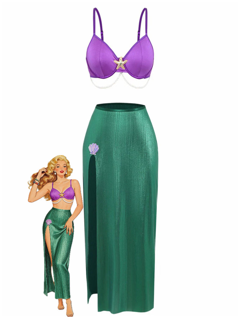 3PCS Purple 1970s Sea Pearl Satin Mermaid Sleepwear Set