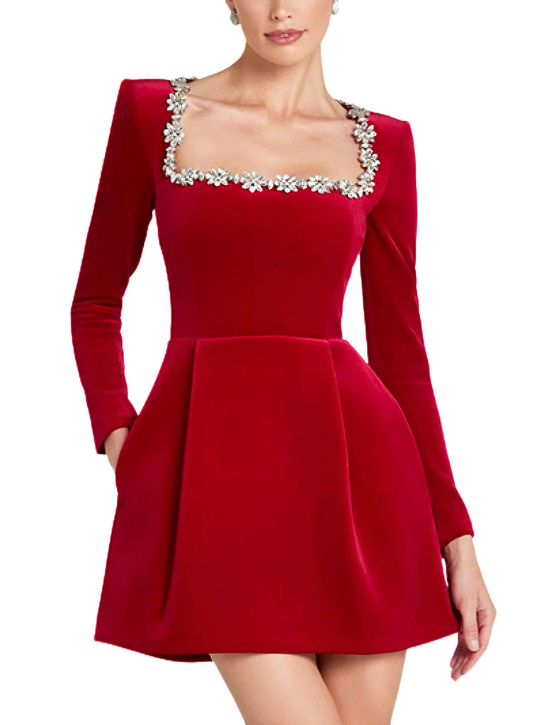 1960s Velvet Diamond Square Neck Dress