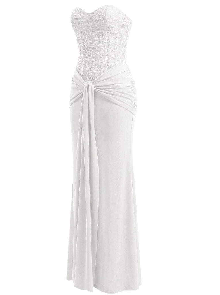 1930s Solid Lace-Up Strapless Maxi Dress
