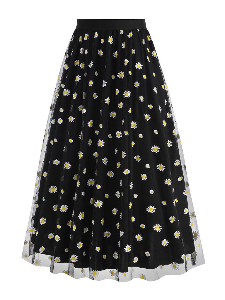 1940s Daisy Mesh High Waist A-Line Skirt