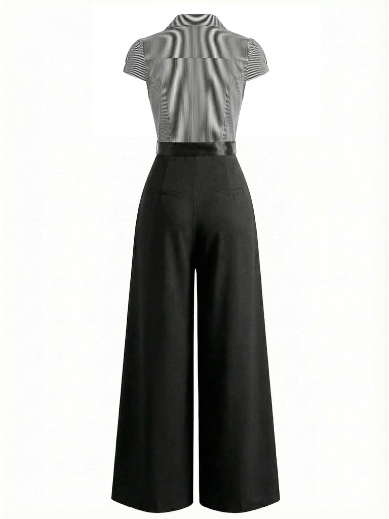 [Pre-Sale] Black 1950s Striped Lace-up Jumpsuit