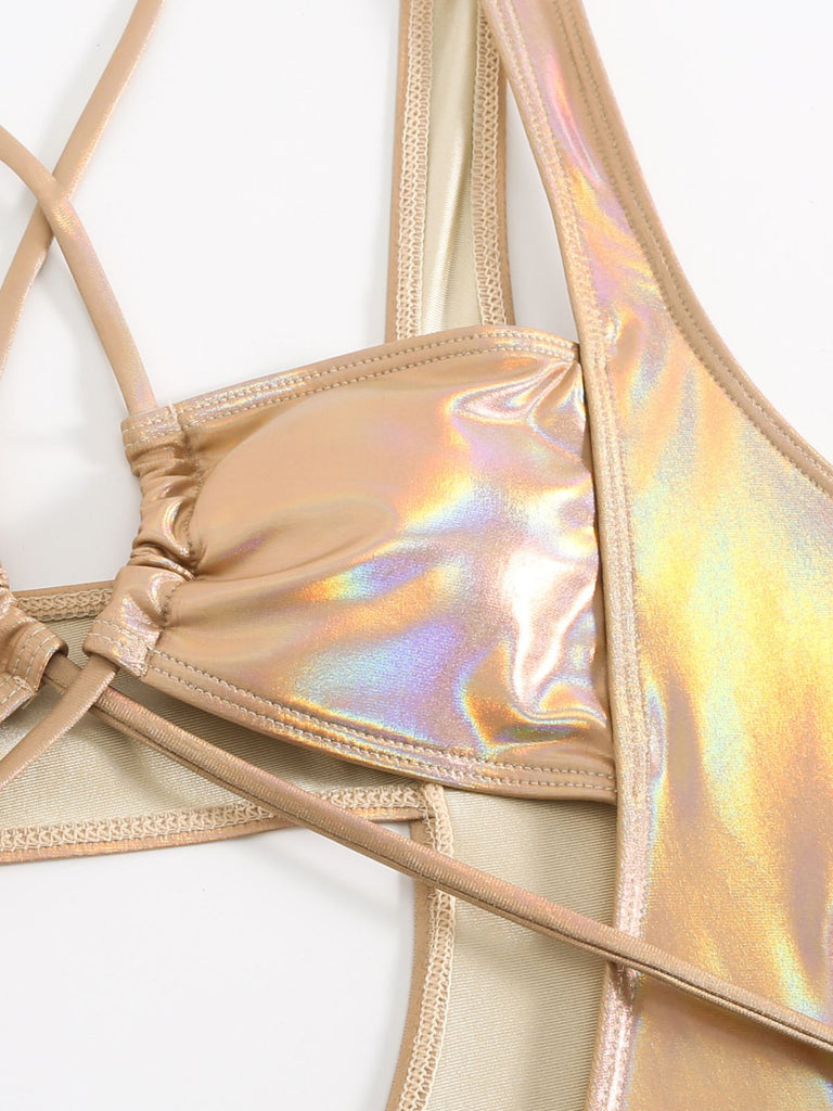 1970s Halter Cut-Out Metallic One-Piece Swimsuit
