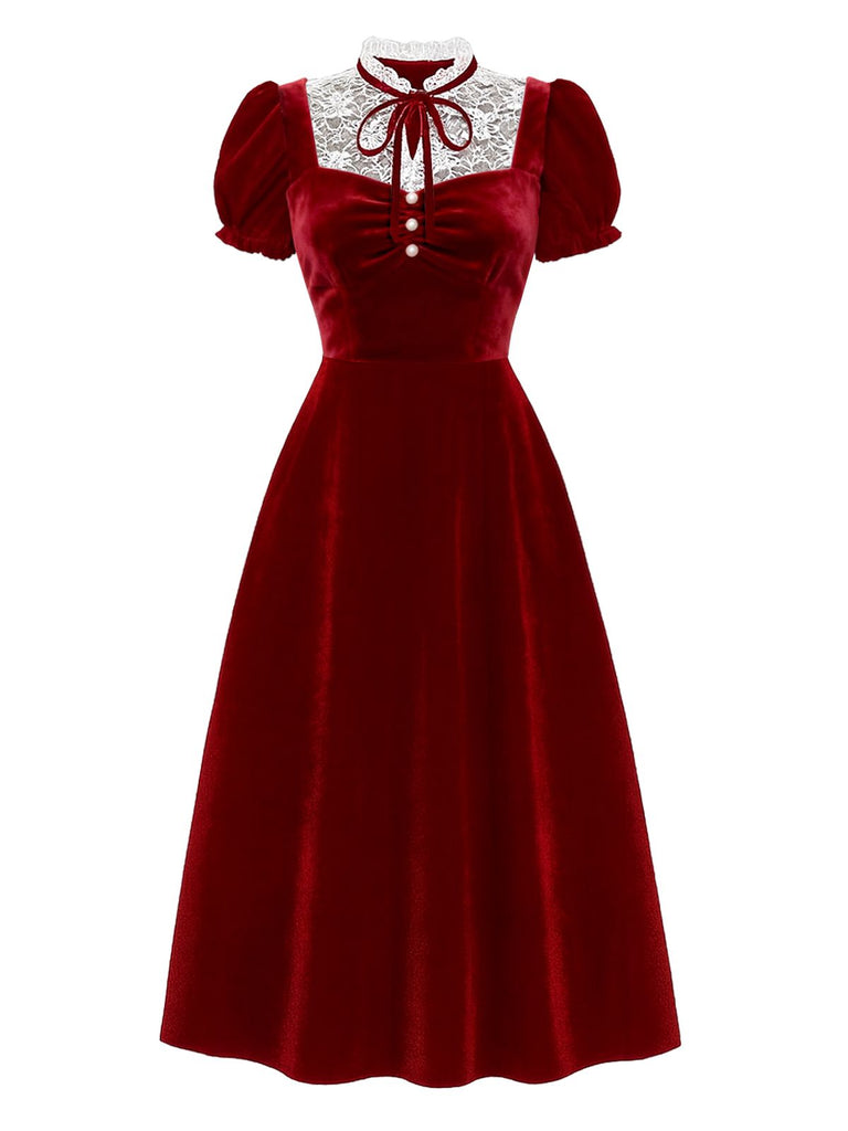 [Pre-Sale] Red 1940s Velvet Lace Bow Puff-Sleeve Dress
