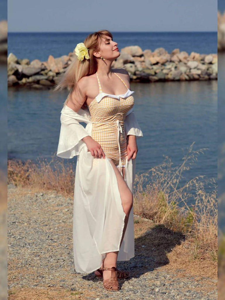 Gingham 1950s Halter Bowknot One-piece Swimsuit