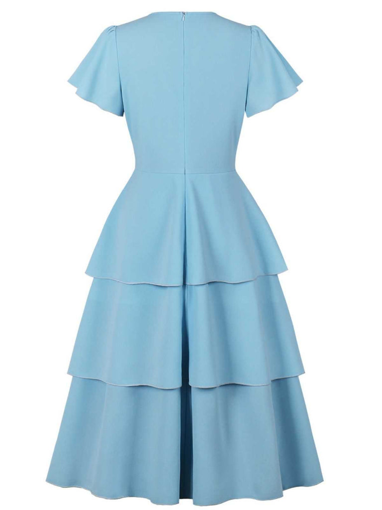1940s Round Neck Bow Solid Tiered Dress
