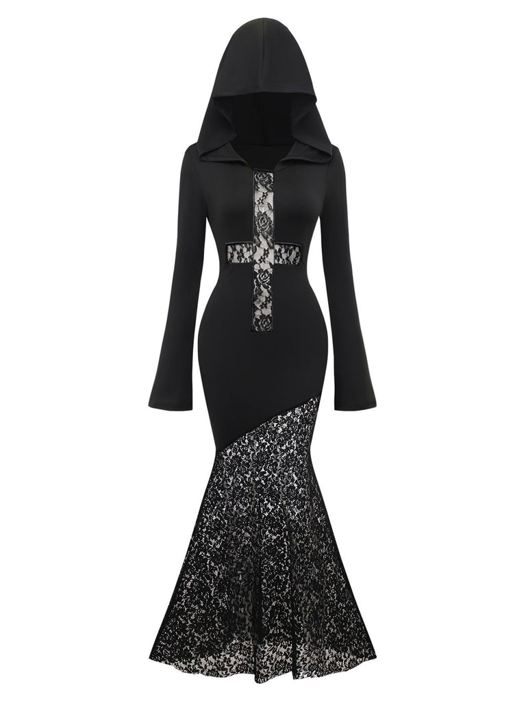 Black 1970s Gothic Lace Cross Hooded Mermaid Dress