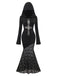 Black 1970s Gothic Lace Cross Hooded Mermaid Dress
