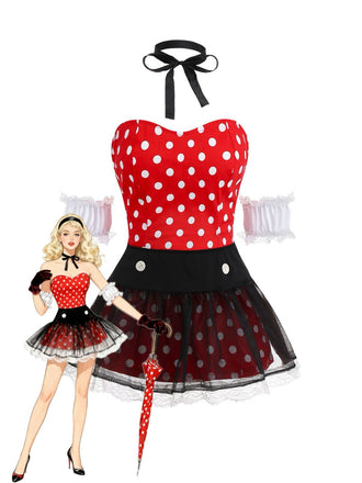 Red 1980s Polka Dot Dress & Mesh Skirt Set