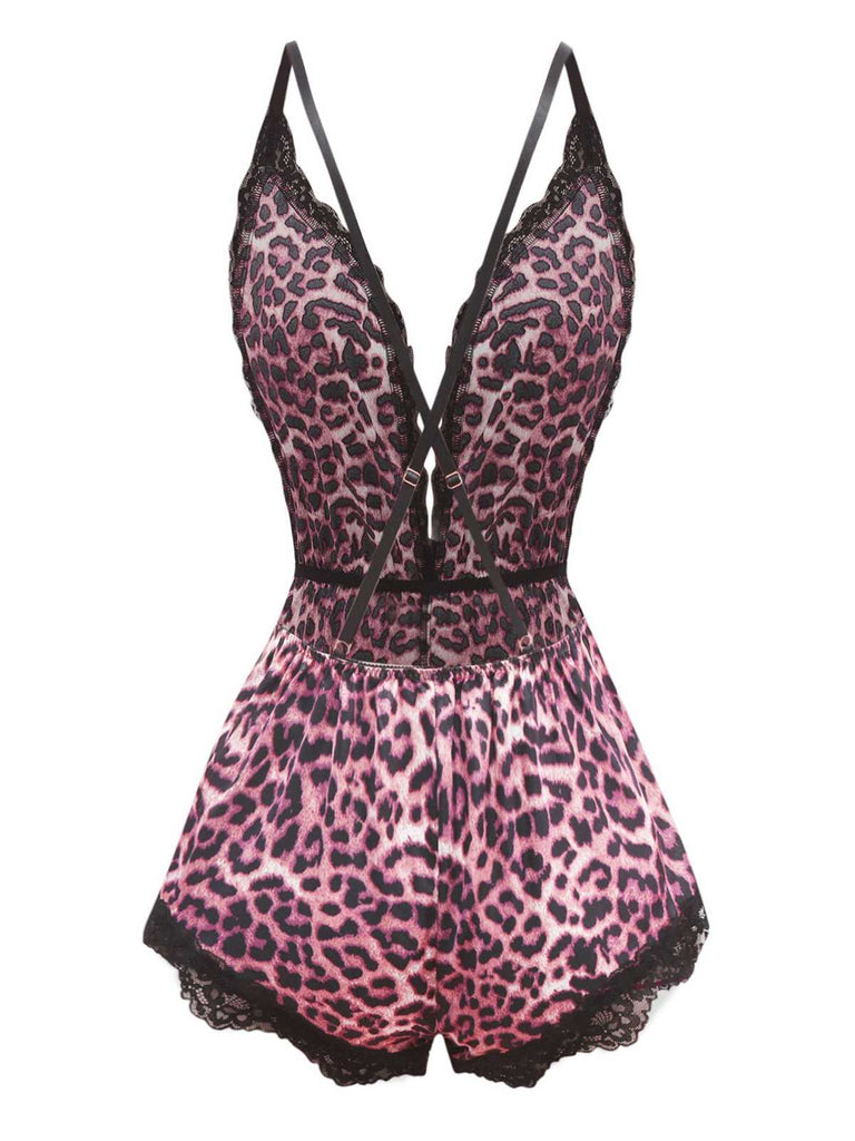 1950s Spaghetti Strap Leopard Lace Sleepwear
