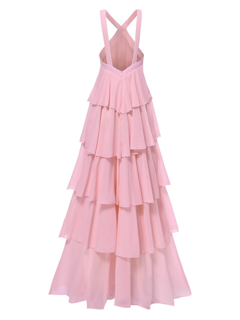 Pink 1930s Tiered 3D Rose Maxi Dress