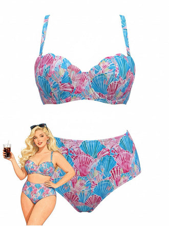 [Plus Size] Pink & Blue Seashell Print Bikini Set