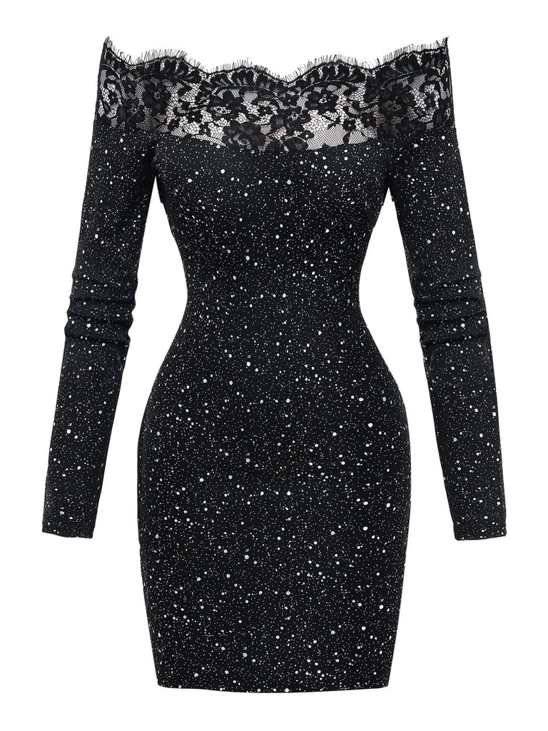 Black 1980s Lace Off-Shoulder Metallic Silver Splash Bodycon Dress