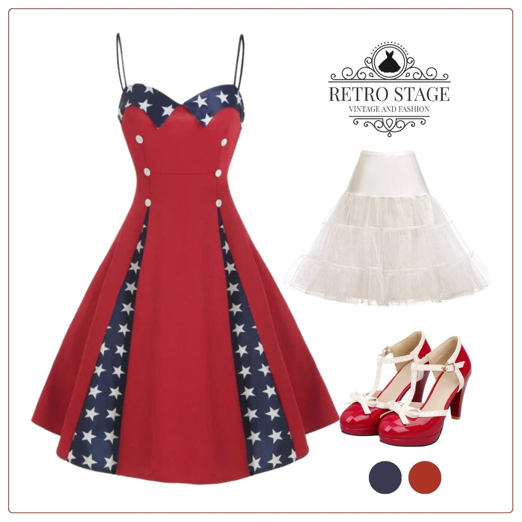 Red 1950s Stars Patchwork Strap Dress