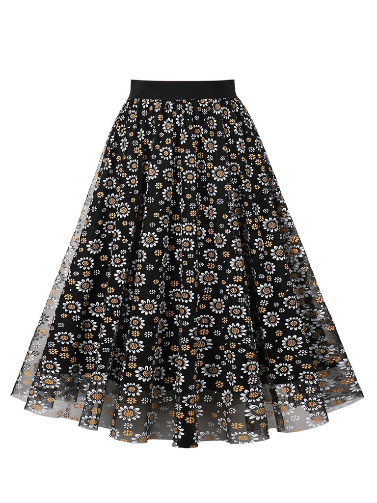 Black 1950s Daisy Mesh Skirt