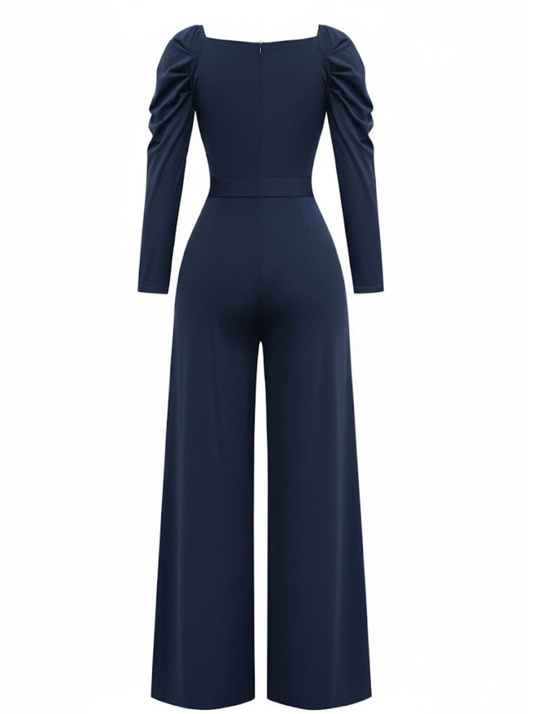 1930s Solid Ruched V-Neck Belted Jumpsuit