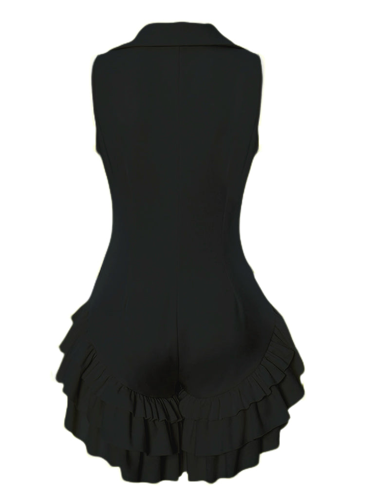1960s Lapel Button Ruffle Hem Romper