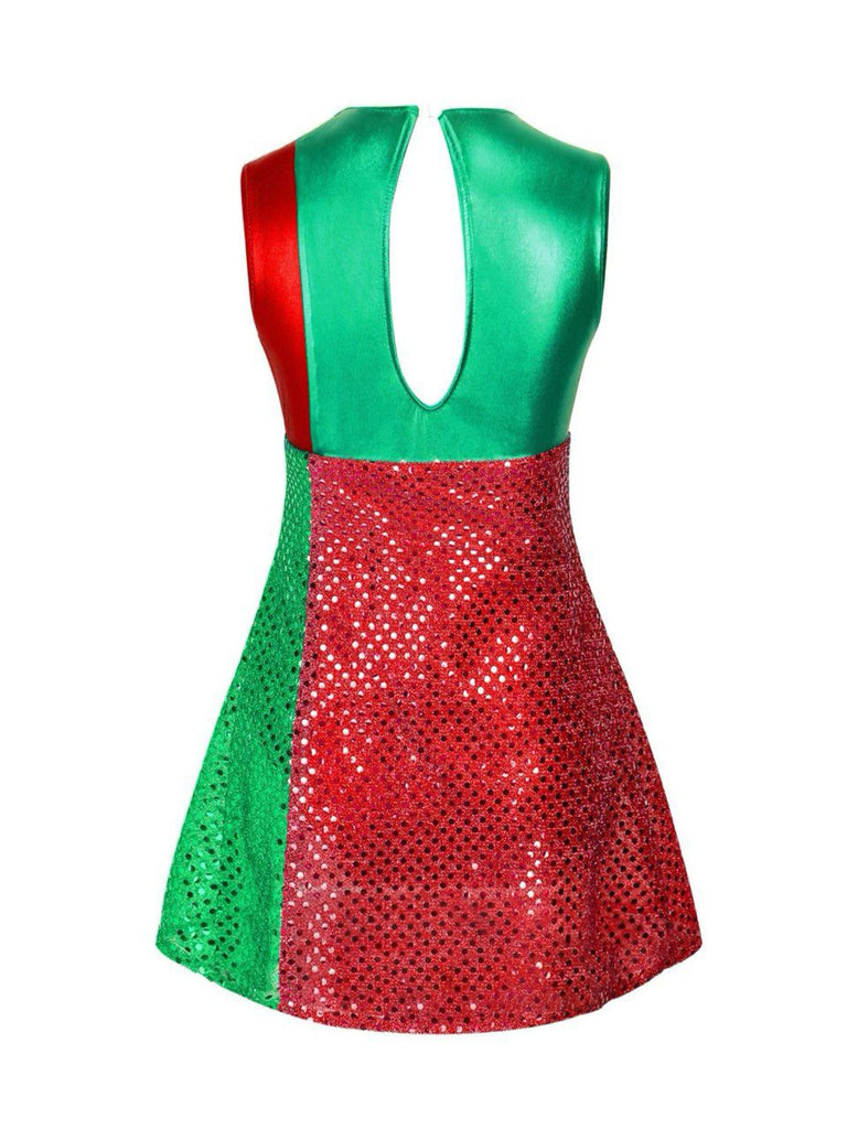 [Pre-Sale] 1950s Christmas Striped Bow Metallic Sequins Patchwork Dress