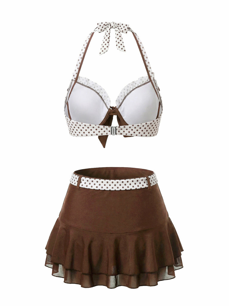 [Pre-Sale] 3PCS Brown 1970s Polka Dot Ruffle Halter Swimsuit Set