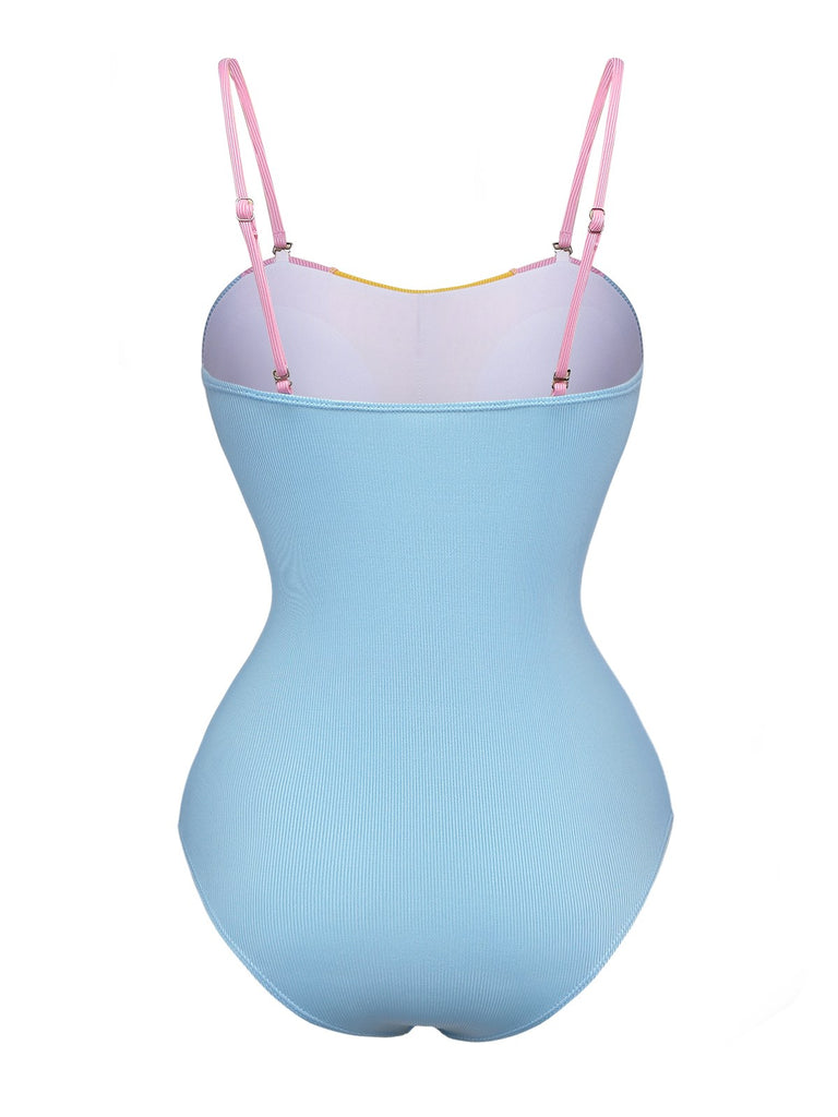 Blue 1930s Contrast Spaghetti Straps One-Piece Swimsuit