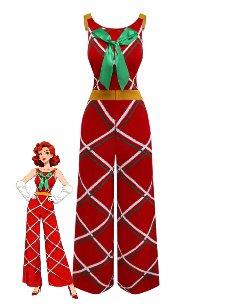 1960s Bow Christmas Plaid Patchwork Jumpsuit